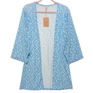 Jardin Stretch Kimono S/M Semi Sheer Blue White Ditsy Floral EUC 13032